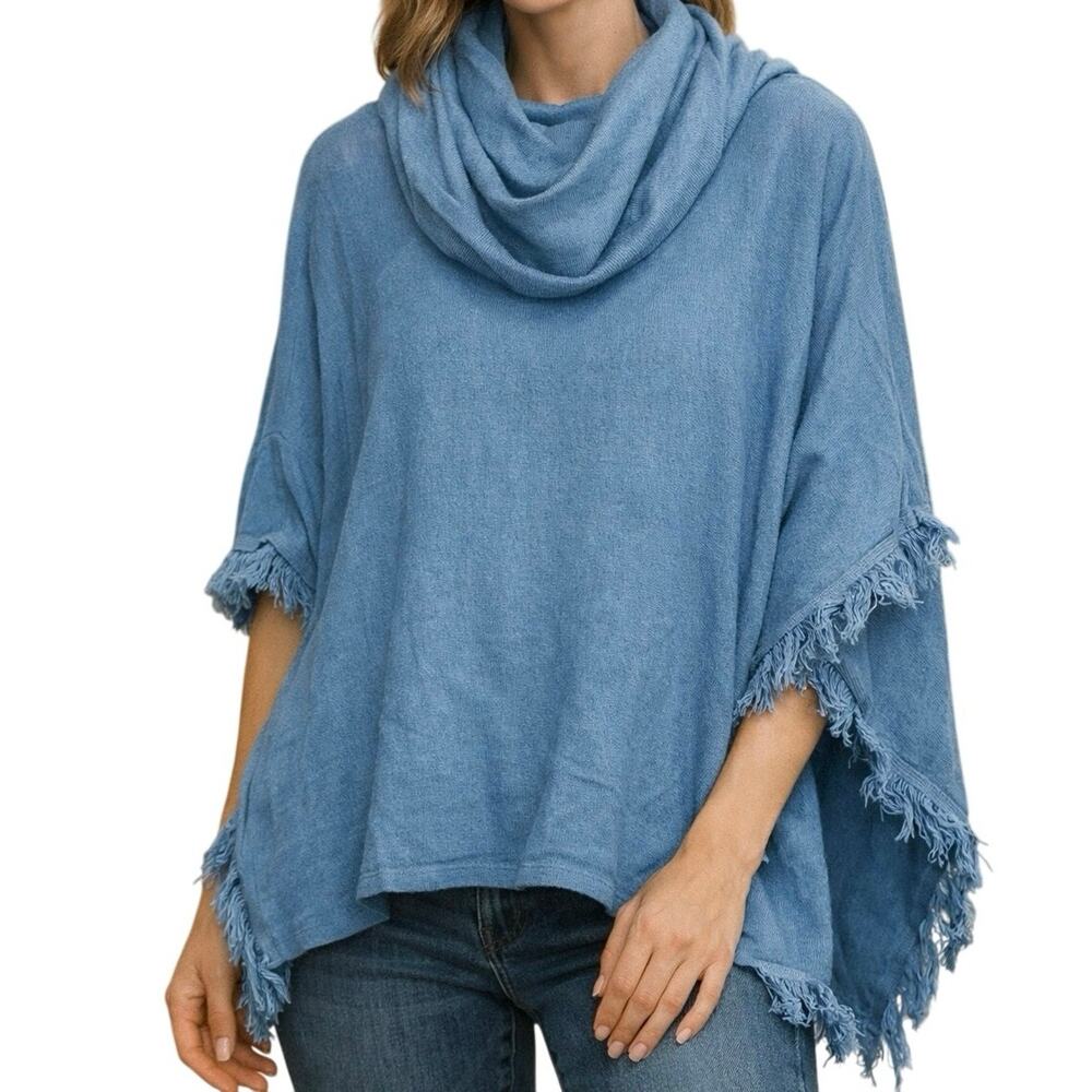 Chico’s Blue Cowl Neck Poncho Top Fringe Hem Boho Chic Layering Piece L/XL‎